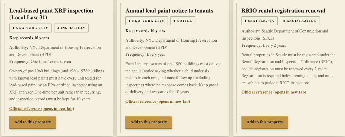 Three jurisdiction-specific compliance obligations, each with authority, frequency, and an Add-to-this-property button