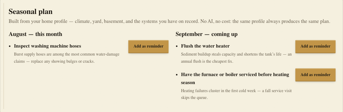 The Maintenance page's seasonal plan: month-by-month care suggestions, each with an Add-as-reminder button