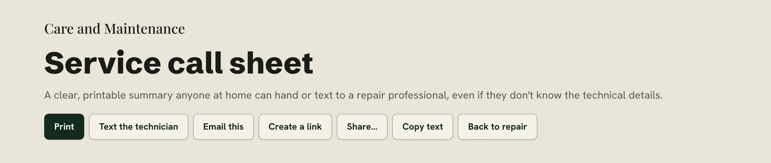 The service call sheet, with buttons to print it, text the technician, email it, or create a shareable link